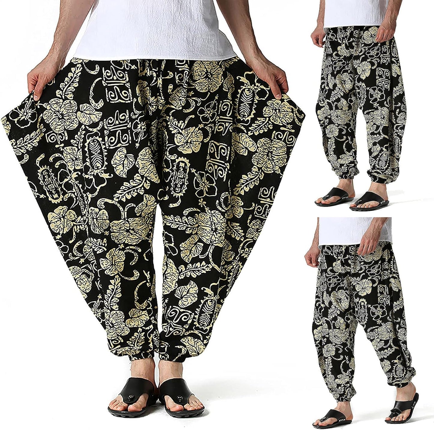 Men'S Harem Pants plus Size Yoga Pants Retro Loose Novelty Graphic Hippie Harem Casual Trouser Gold