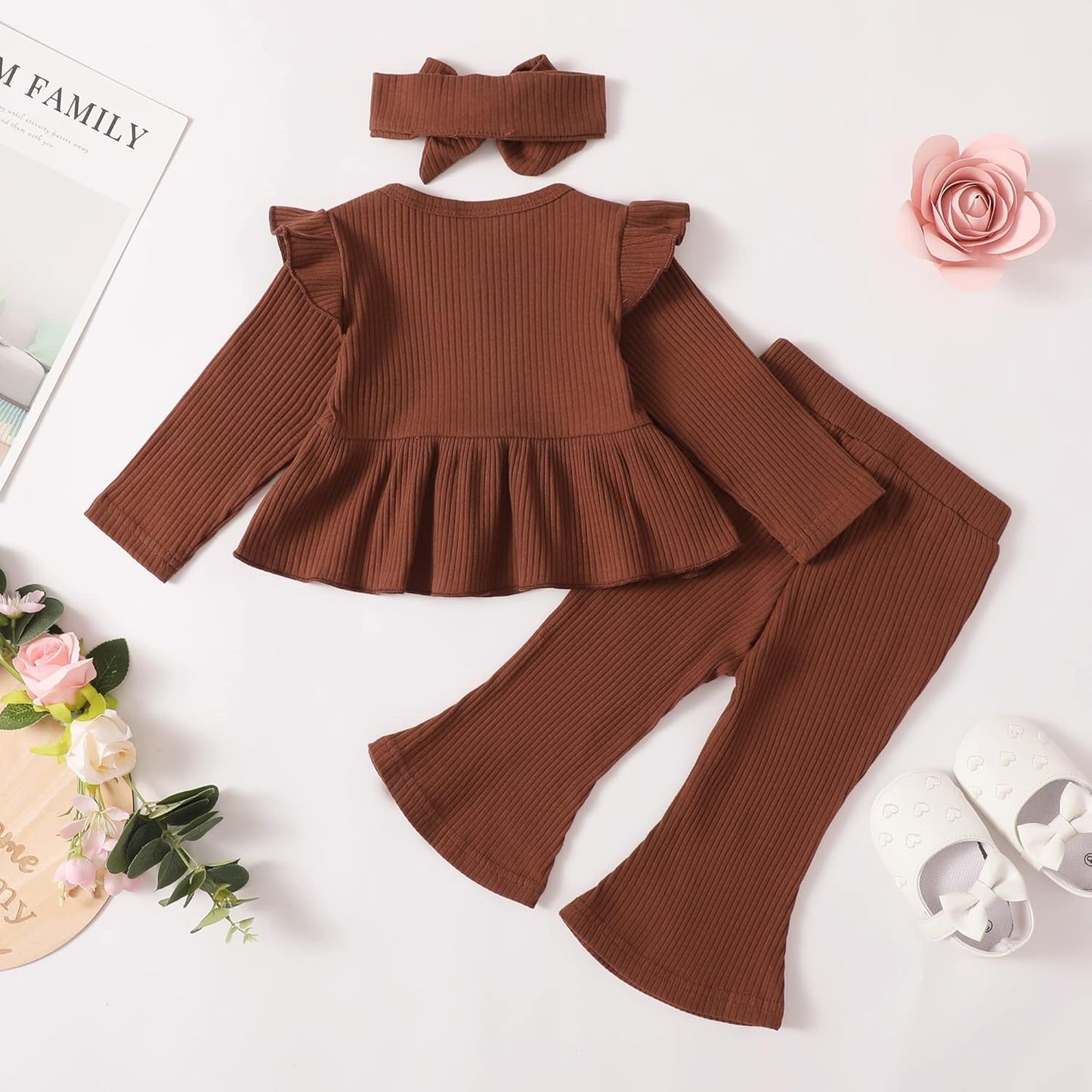 Baby Girl Clothes Toddler Girl Cotton Outfit Rib Long Sleeve Shirt Top Solid Pants Infant Girls Set
