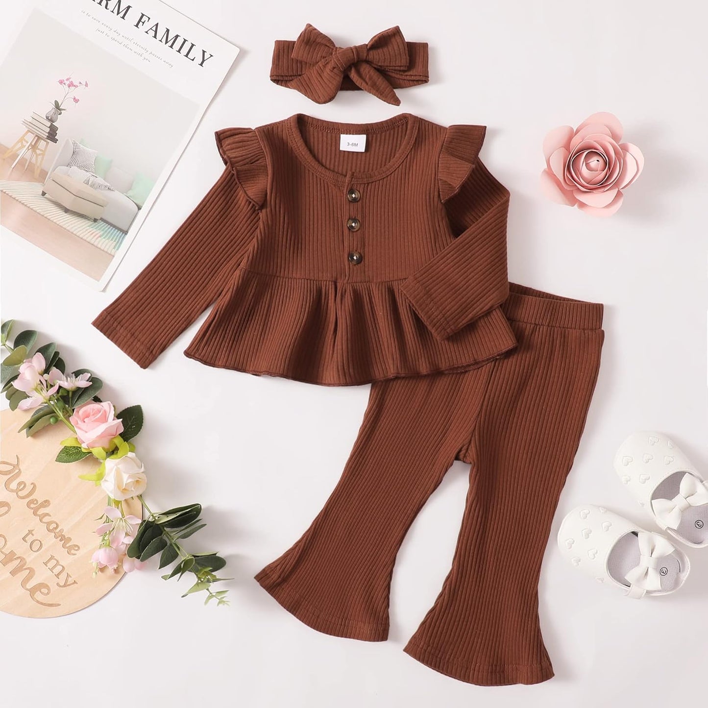 Baby Girl Clothes Toddler Girl Cotton Outfit Rib Long Sleeve Shirt Top Solid Pants Infant Girls Set