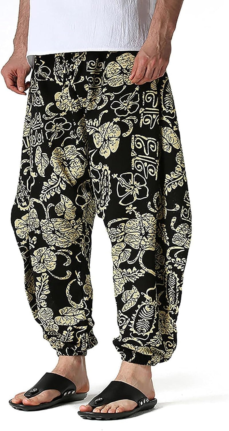 Men'S Harem Pants plus Size Yoga Pants Retro Loose Novelty Graphic Hippie Harem Casual Trouser Gold