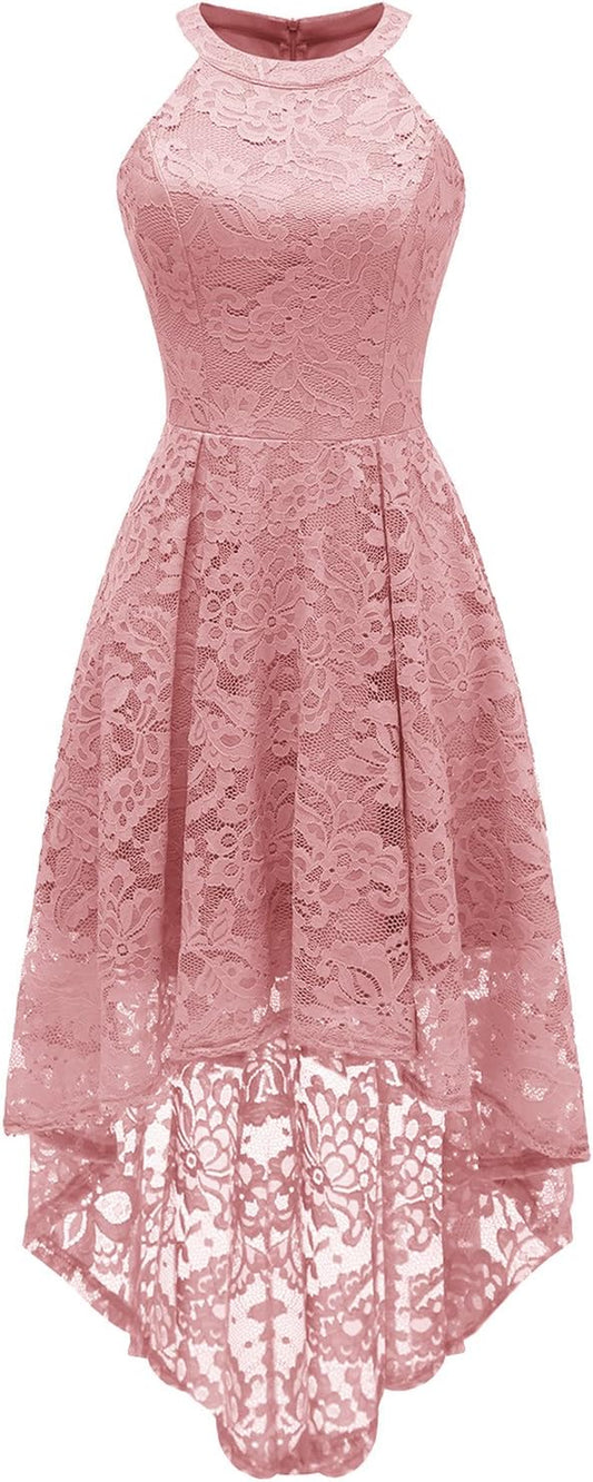 Women'S Halter Floral Lace Cocktail Party Dress Hi-Lo Bridesmaid Dress