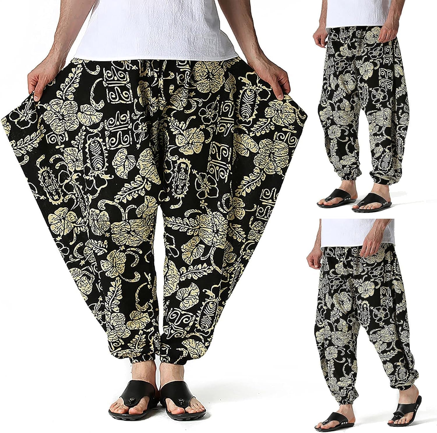 Men'S Harem Pants plus Size Yoga Pants Retro Loose Novelty Graphic Hippie Harem Casual Trouser Gold